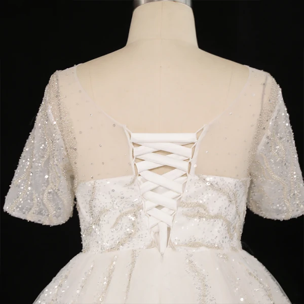 Stunning Glitter Ivoor Grote Maat Baljurk Trouwjurken 2021 U-hals Kanten Tule Satijn 1/2 Mouwen Ruglooze Handgemaakt Kralen Rhinestone Pailletten Glans Chapel Train Huwelijk
