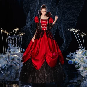 Vintage Retro Medieval Gothic Bling Bling Red Ball Gown Prom Dresses 2021 Long Sleeve Square Neckline Floor Length Long Beading Flower Sequins Lace Cosplay Prom Formal Dresses