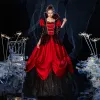 Vintage Średniowieczny Gotycka Bling Bling Czerwone Suknia Balowa Sukienki Na Bal 2021 Długie Rękawy Kwadratowy Dekolt Długie Frezowanie Kwiat Cekiny Koronkowe Cosplay Bal Sukienki Wizytowe
