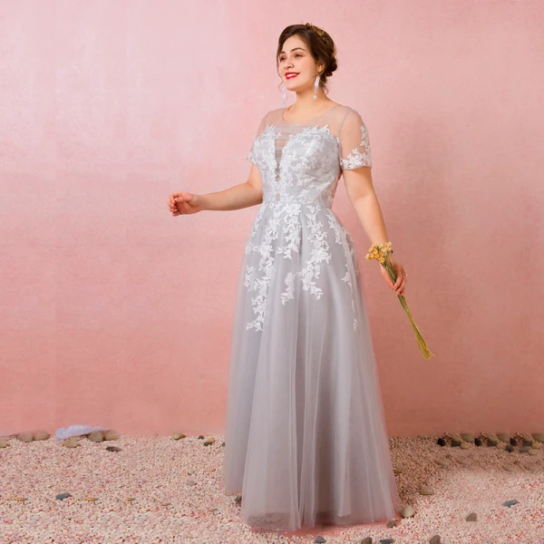 Charming Grey Plus Size Evening Dresses 2018 A-Line / Princess V-Neck Tulle Lace-up Appliques Backless Summer Short Sleeve Evening Party Formal Dresses