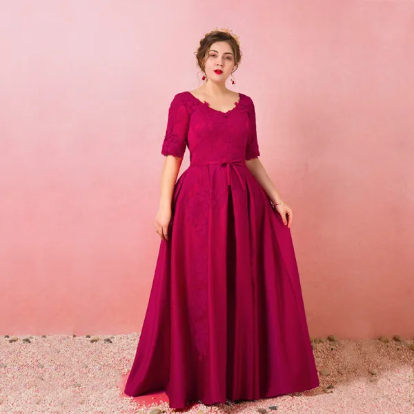 Modest Simple Burgundy Plus Size Evening Dresses 2018 A Line Princess 1 2 Sleeves Lace Tulle