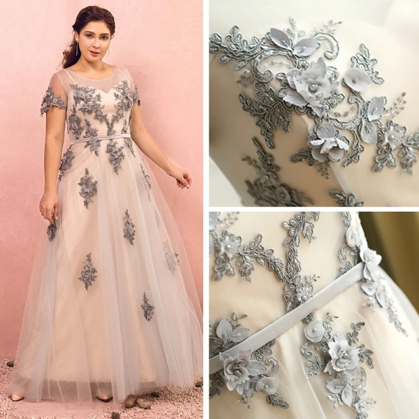 Luxury / Gorgeous Grey Plus Size Evening Dresses 2018 A-Line / Princess U-Neck Tulle Lace-up Ankle Strap Appliques Backless Evening Party Prom Dresses