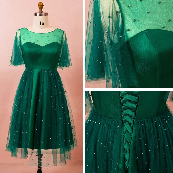 Classic Elegant Dark Green Plus Size Graduation Dresses 2018 U-Neck Tulle A-Line / Princess Backless Beading Homecoming Formal Dresses