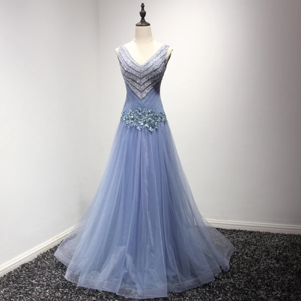 Chic / Beautiful Lavender Evening Dresses  2017 A-Line / Princess V-Neck Tulle Appliques Backless Beading Sequins Evening Party Formal Dresses