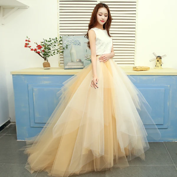 2 Piece Gold Prom Dresses 2017 A-Line / Princess U-Neck Tulle Sleeveless Embroidered Evening Party Formal Dresses