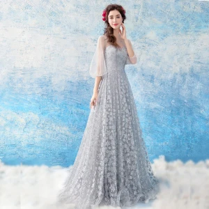 Chic Beautiful Grey Evening Dresses 2018 A Line Princess Tulle U Neck Buttons Backless Beading Glitter Evening Party Formal Dresses