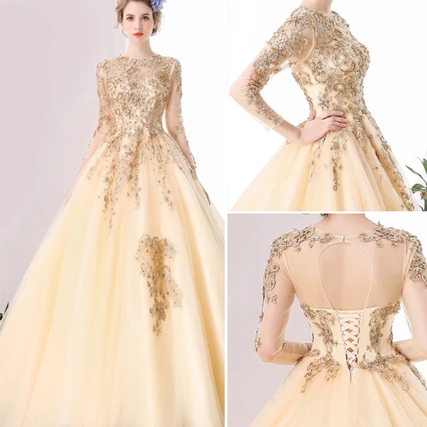 Luxe Princesse Robe De Mariée 2017 Champagne Bretelles croisées Lanières Chapel Train Organza Encolure Dégagée Mariage Manches Longues