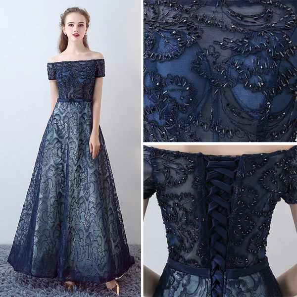 Schöne Marineblau Ballkleider 2017 Bandeau Mit Spitze Applikationen Rückenfreies Stickerei Riemchen Drucken Abendkleider