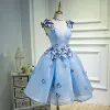 Chic / Belle Bleu Ciel Robe De Graduation 2018 Princesse V-Cou Tulle Papillon Appliques Dos Nu de retour Robe De Ceremonie