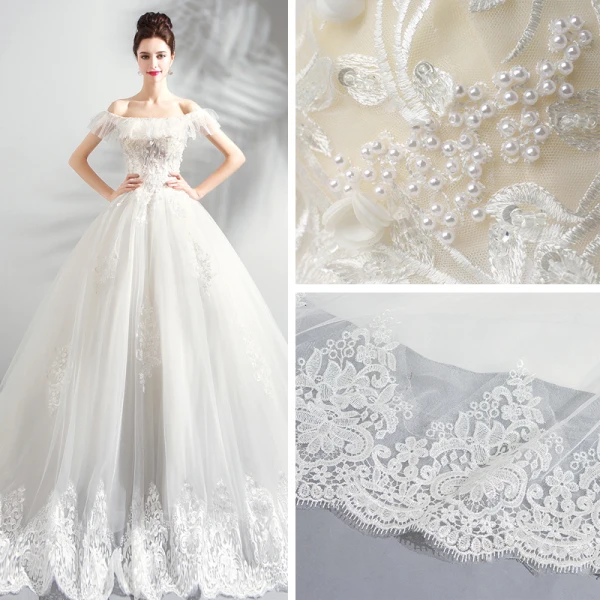 Luxe Blanche Cathedral Train Mariage 2018 Tulle Lacer Bustier Perlage Appliques Dos Nu Robe Boule Robe De Mariée