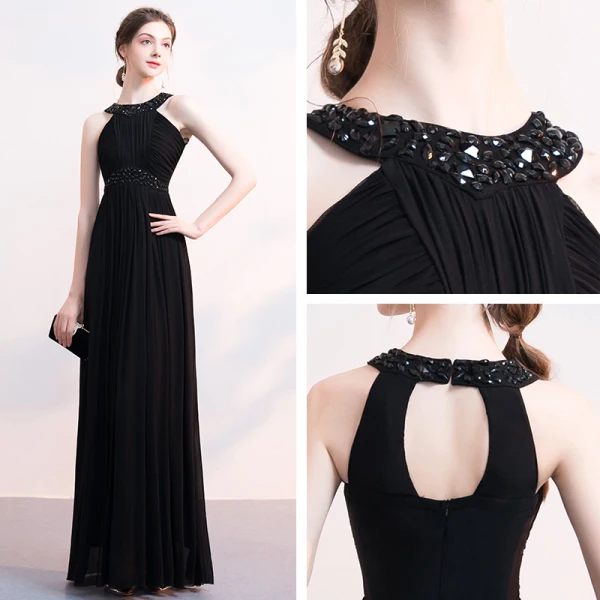 Amazing / Unique Black Evening Dresses 2018 Floor-Length / Long Chiffon Halter Beading Appliques Rhinestone Red Carpet Dating Trumpet / Mermaid Formal Dresses