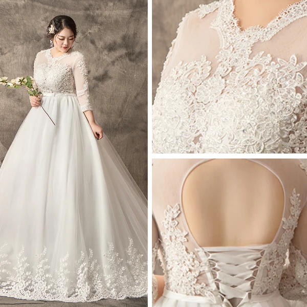 Unique Weiß Übergröße Ballkleid Brautkleider / Hochzeitskleider 2019 Tülle Spitze U-Ausschnitt Applikationen Rückenfreies Handgefertigt Kapelle-Schleppe Hochzeit