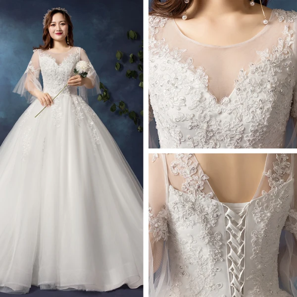 Simple Blanche Grande Taille Robe De Mariée 2019 Tulle Appliques Dos Nu Perlage Fait main Chapel Train