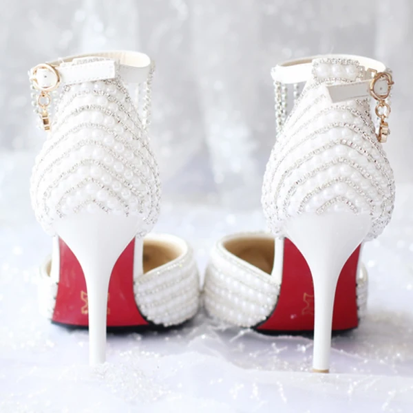 Schöne Weiß 2018 Hochzeit 9 cm Spitzschuh Ball Perlenstickerei Kristall Strass Hochhackige Stilettos Brautschuhe