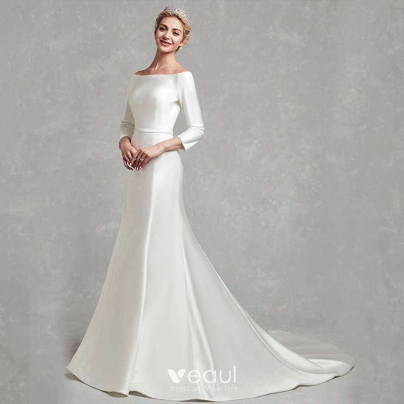 Trumpet Mermaid Satin Long Sleeves Button Wedding Dress