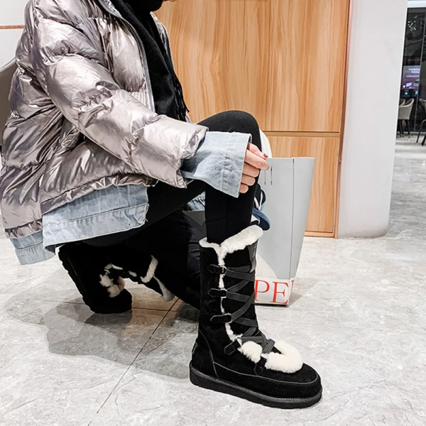 Klassieke Twee kleuren Zwarte Snowboots 2020 Suede X-Strap Winter Wollen Leer Mid Kalf Toevallig Tuin / Outdoor Ronde Neus Dames Laarzen