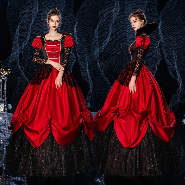 Vintage / Retro Medieval Gothic Bling Bling Red Ball Gown Prom Dresses 2021 Long Sleeve Square Neckline Floor-Length / Long Beading Flower Sequins Lace Cosplay Prom Formal Dresses