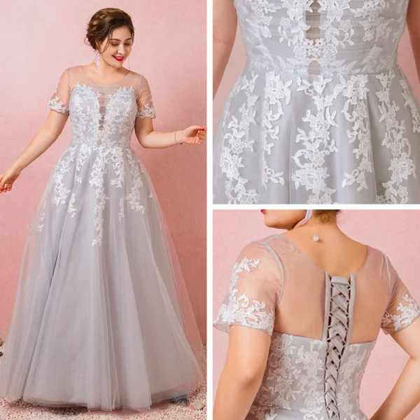Charming Grey Plus Size Evening Dresses 2018 A-Line / Princess V-Neck Tulle Lace-up Appliques Backless Summer Short Sleeve Evening Party Formal Dresses
