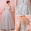 Charming Grey Plus Size Evening Dresses  2018 A-Line / Princess V-Neck Tulle Lace-up Appliques Backless Summer Short Sleeve Evening Party Formal Dresses