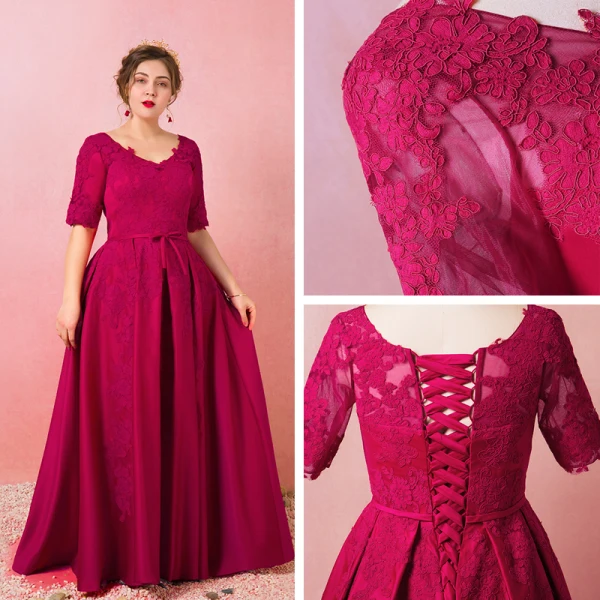 Modest / Simple Burgundy Plus Size Evening Dresses  2018 A-Line / Princess 1/2 Sleeves Lace Tulle U-Neck Appliques Backless Evening Party Formal Dresses