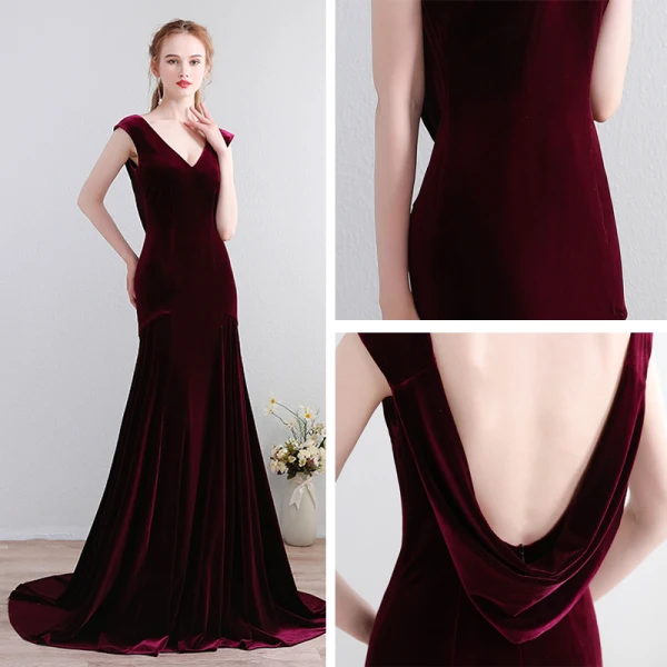 Modern / Fashion Burgundy Court Train Evening Dresses  2018 Charmeuse V-Neck A-Line / Princess Backless Evening Party Formal Dresses