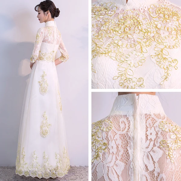 Chinese style Champagne Evening Dresses 2018 A-Line / Princess High Neck Lace-up Tulle Appliques Backless Evening Party Formal Dresses