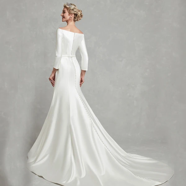 Classic Elegant White Wedding Dresses 2020 Trumpet / Mermaid Off-The-Shoulder Long Sleeve Satin Covered Button Sweep Train Wedding