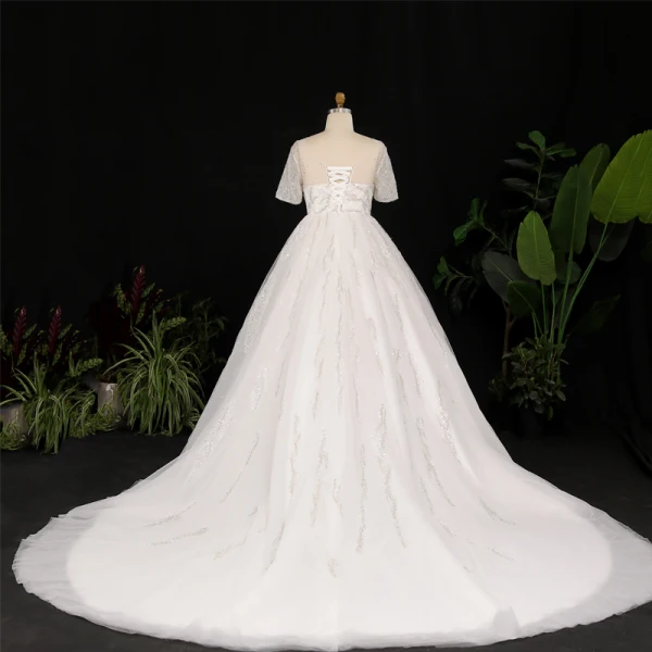 Stunning Glitter Ivoor Grote Maat Baljurk Trouwjurken 2021 U-hals Kanten Tule Satijn 1/2 Mouwen Ruglooze Handgemaakt Kralen Rhinestone Pailletten Glans Chapel Train Huwelijk