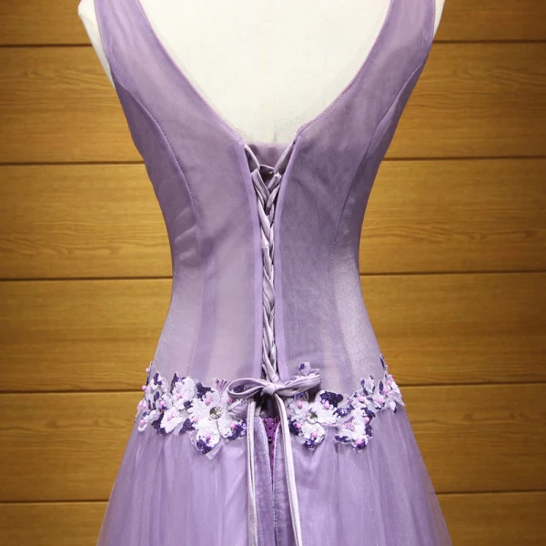 Chic / Beautiful Lavender Evening Dresses  2017 A-Line / Princess V-Neck Tulle Appliques Backless Beading Sequins Evening Party Formal Dresses