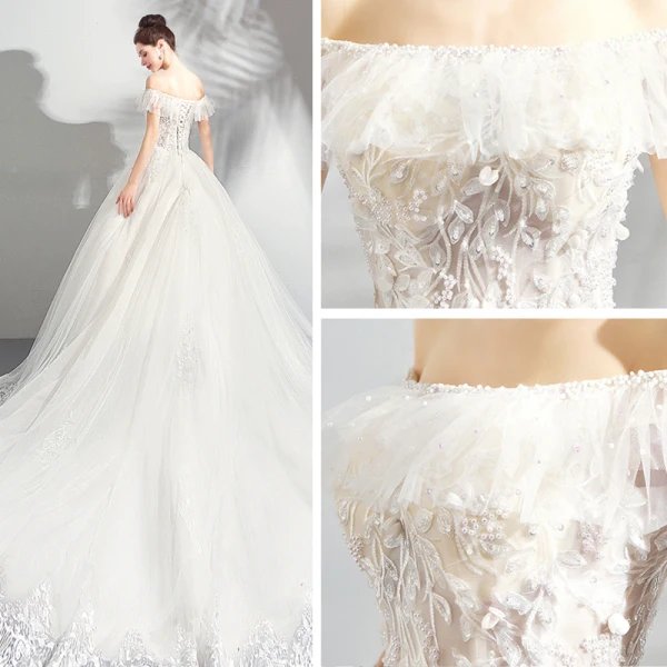 Luxe Blanche Cathedral Train Mariage 2018 Tulle Lacer Bustier Perlage Appliques Dos Nu Robe Boule Robe De Mariée