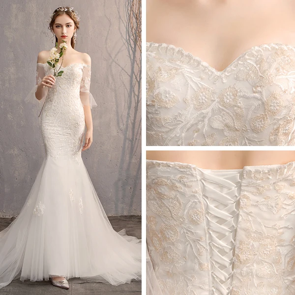 Amazing / Unique White Trumpet / Mermaid Wedding Dresses 2019 Lace Tulle Appliques Backless Embroidered Strapless Court Train Church Wedding