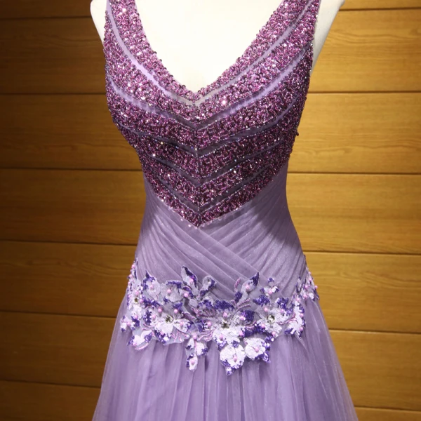 Chic / Beautiful Lavender Evening Dresses  2017 A-Line / Princess V-Neck Tulle Appliques Backless Beading Sequins Evening Party Formal Dresses