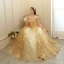 Elegant Gold Prom Dresses 2020 Ball Gown Off-The-Shoulder Short Sleeve Appliques Lace Glitter Tulle Floor-Length / Long Ruffle Backless Formal Dresses