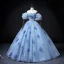 Schöne Blau Glanz Ballkleider 2022 Ballkleid Bandeau Geschwollenes Kurze Ärmel Rückenfreies Blumen Lange Festliche Kleider
