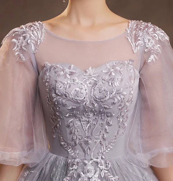 Chic / Beautiful Grey Lace Flower Evening Dresses  2022 A-Line / Princess Scoop Neck Beading Pearl Sequins 1/2 Sleeves Backless Floor-Length / Long Formal Dresses