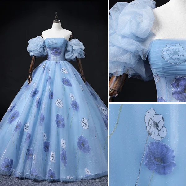 Chic / Beautiful Pool Blue Glitter Prom Dresses 2022 Ball Gown Strapless Puffy Short Sleeve Backless Flower Floor-Length / Long Formal Dresses