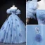 Schöne Blau Glanz Ballkleider 2022 Ballkleid Bandeau Geschwollenes Kurze Ärmel Rückenfreies Blumen Lange Festliche Kleider