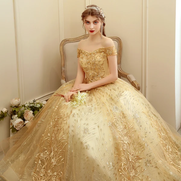 Elegant Gold Prom Dresses 2020 Ball Gown Off-The-Shoulder Short Sleeve Appliques Lace Glitter Tulle Floor-Length / Long Ruffle Backless Formal Dresses