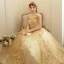 Elegant Gold Prom Dresses 2020 Ball Gown Off-The-Shoulder Short Sleeve Appliques Lace Glitter Tulle Floor-Length / Long Ruffle Backless Formal Dresses