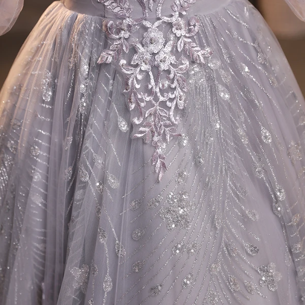 Chic / Beautiful Grey Lace Flower Evening Dresses  2022 A-Line / Princess Scoop Neck Beading Pearl Sequins 1/2 Sleeves Backless Floor-Length / Long Formal Dresses