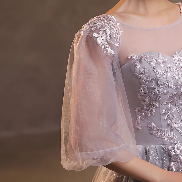 Chic / Beautiful Grey Lace Flower Evening Dresses  2022 A-Line / Princess Scoop Neck Beading Pearl Sequins 1/2 Sleeves Backless Floor-Length / Long Formal Dresses