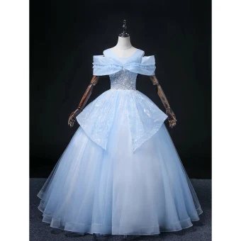 Chic Belle Bleu Ciel Perlage Perle Paillettes Robe De Bal 2022 Robe Boule Encolure Dégagée Manches Courtes Dos Nu Longue Robe De Ceremonie