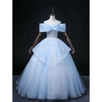 Chic Beautiful Sky Blue Beading Pearl Sequins Prom Dresses 2022 Ball Gown Scoop Neck Short Sleeve Backless Floor Length Long Formal Dresses