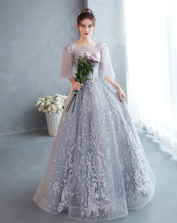 Chic / Beautiful Grey Lace Flower Evening Dresses  2022 A-Line / Princess Scoop Neck Beading Pearl Sequins 1/2 Sleeves Backless Floor-Length / Long Formal Dresses