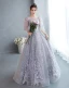 Chic / Beautiful Grey Lace Flower Evening Dresses  2022 A-Line / Princess Scoop Neck Beading Pearl Sequins 1/2 Sleeves Backless Floor-Length / Long Formal Dresses