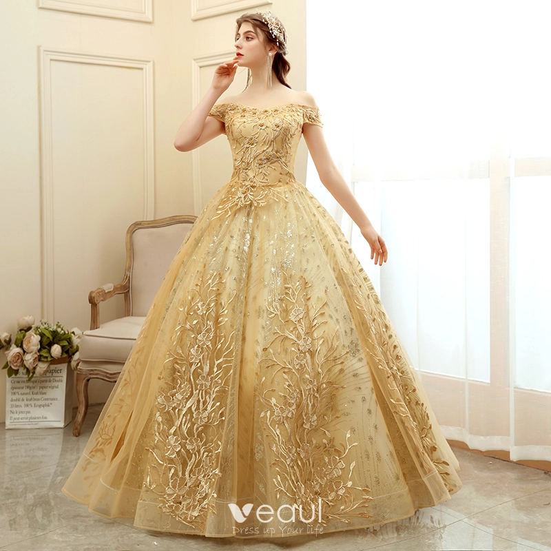Empire Waist Beaded Lace & Gold Tulle Prom Dress - Xdressy