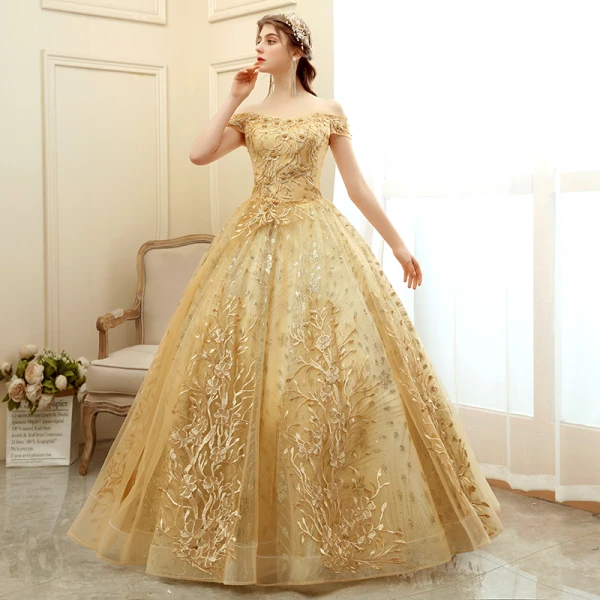 gold backless prom dress Sparkle Sequin Tulle V-Neck Prom Dresses, Sexy Golden Backless Prom Dr –  Dairy Bridal main image 0