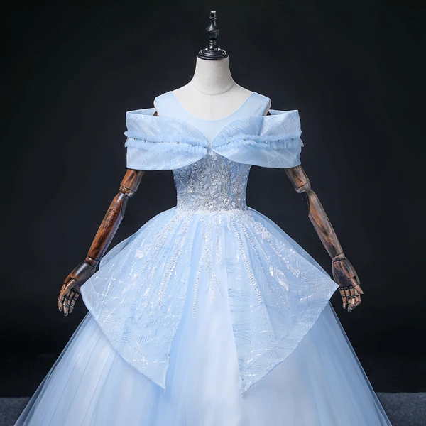 Chic / Beautiful Sky Blue Beading Pearl Sequins Prom Dresses 2022 Ball Gown Scoop Neck Short Sleeve Backless Floor-Length / Long Formal Dresses