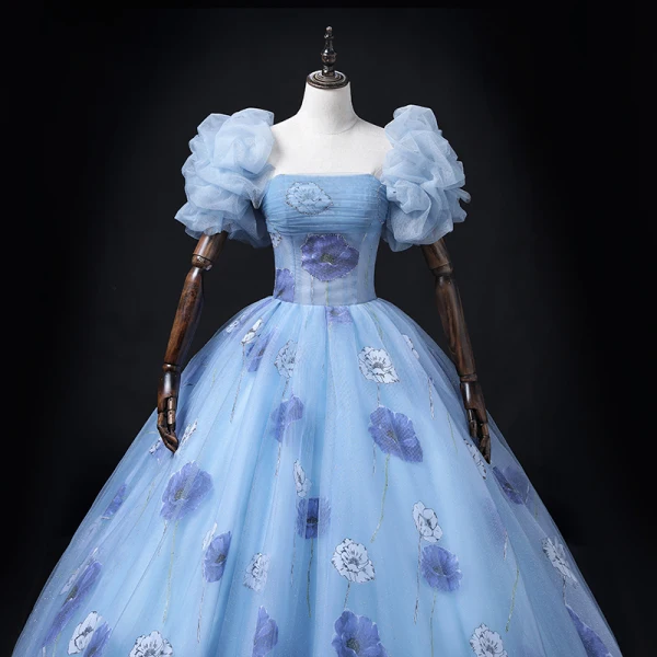 Chic / Beautiful Pool Blue Glitter Prom Dresses 2022 Ball Gown Strapless Puffy Short Sleeve Backless Flower Floor-Length / Long Formal Dresses