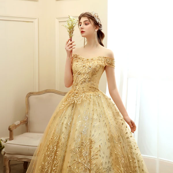 Elegant Gold Prom Dresses 2020 Ball Gown Off-The-Shoulder Short Sleeve Appliques Lace Glitter Tulle Floor-Length / Long Ruffle Backless Formal Dresses